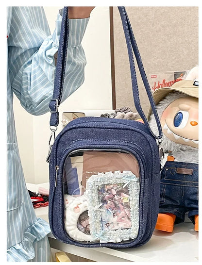 New Denim Ulzzang Ita Bags Female Transparent Badge Doll Show Crossbody Shoulder Bag Individuality Designer 2 Sides Bolso Mujer