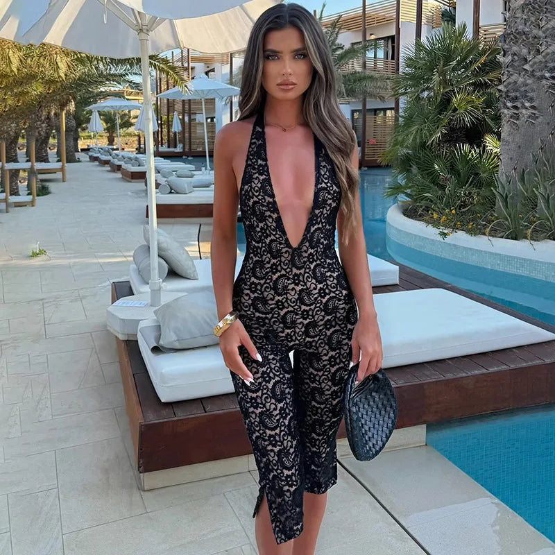 Avrilyaan Lace Seven-Point Long Pants Bodycon Sexy Party Deep V Playsuits Women Rompers Womens Jumpsuit 2025 Summer Overalls