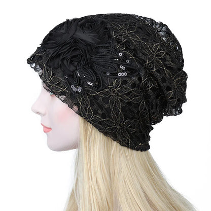 Elegant Women Sequins Lace Turban Cap Flowers Muslim Headwear Hat Female Head Wraps Ladies Headscarf Bonnet Turbante Mejur