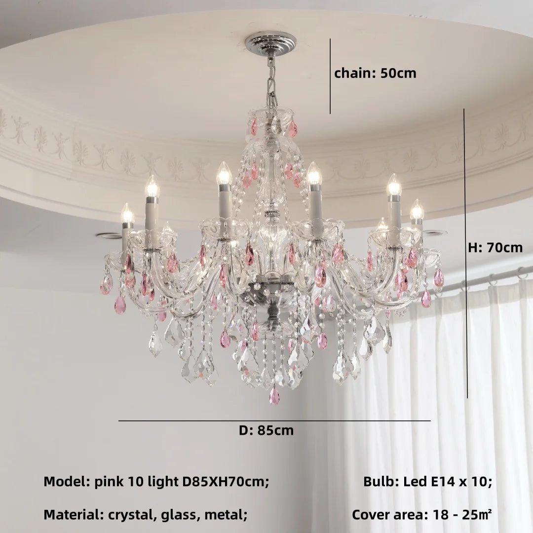 French Romantic Crysatl Candle Chandelier Luxury Glass Pink E14 Pendant Lights Living Room Art Decor Led Lamparas Bedroom Lamp