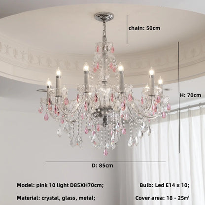 French Romantic Crysatl Candle Chandelier Luxury Glass Pink E14 Pendant Lights Living Room Art Decor Led Lamparas Bedroom Lamp