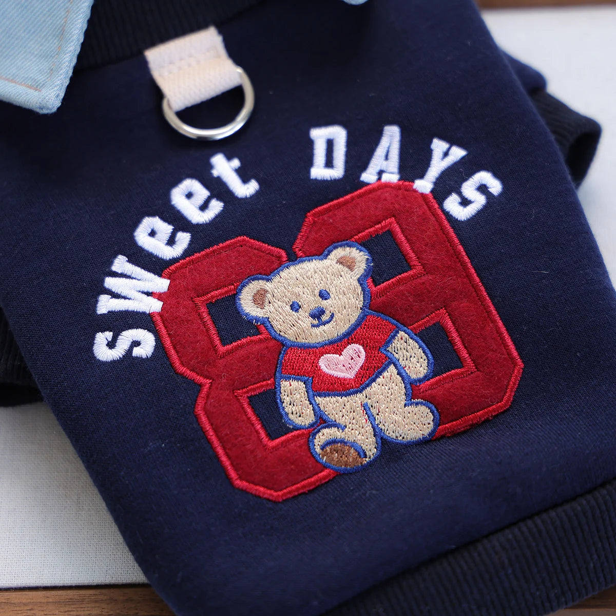 Preppy Bear Pet Sweatshirt, Navy with Denim Collar, Embroidery, D-Ring Included, Pullover Two-Legged Outfit for Small Dogs &Cats