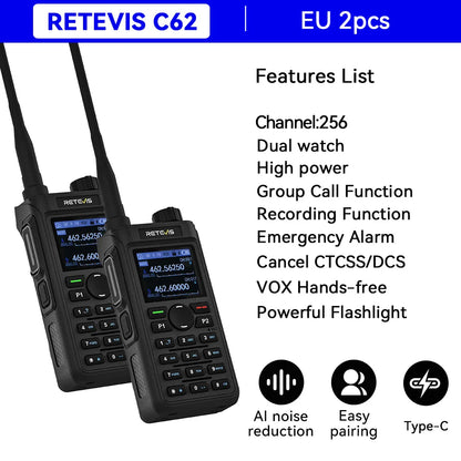 Retevis C62/C2/C22 Walkie Talkie Long Range Communication Radio VHF UHF Ham Radio Station Noise Reduction Group Call Camping