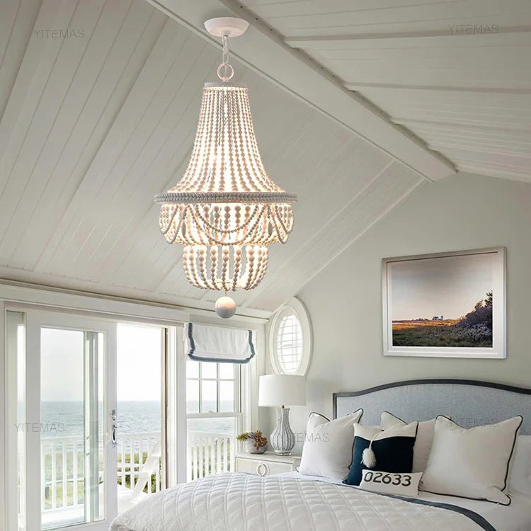 Blue Grey Wooden Beads 8 Lights Chandeliers For Foyers Vintage White Chandelier Lighting Bedroom Living Room Boho Pendant Light