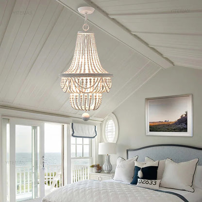 Blue Grey Wooden Beads 8 Lights Chandeliers For Foyers Vintage White Chandelier Lighting Bedroom Living Room Boho Pendant Light