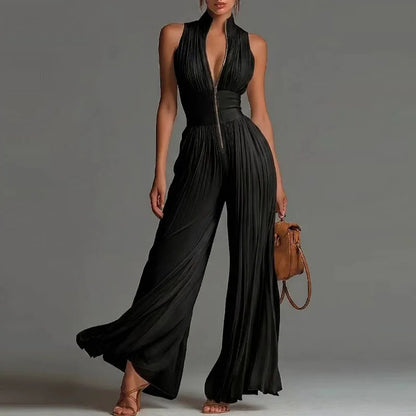 Women Elegant Chiffon Sleeveless Jumpsuit High Waist Pleated Flowy Wide Leg One Piece Overalls Holiday Casual Streetwear Rompers