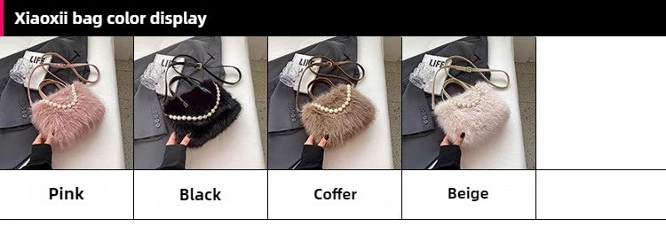 Winter Fashion Faux Fur Crossbody Bags for Women's Gift, Pearl Chain Decor Shoulder Bag, Ladies Handbags Top-handel Bag