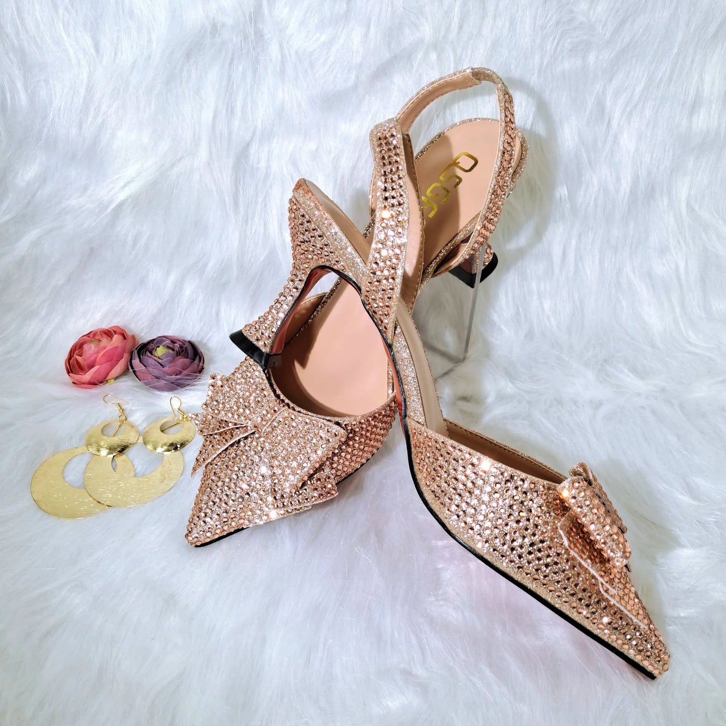 QSGFC Crystal Decoration Style Wine Glass Heel Shoes Friends Party Shoes Nigerian Fashion Peach Ladies Shoes And Bag For Party