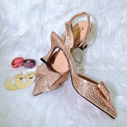 QSGFC Crystal Decoration Style Wine Glass Heel Shoes Friends Party Shoes Nigerian Fashion Peach Ladies Shoes And Bag For Party