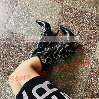 Metal Ring Rivet Black Knee High Boots Women Sexy Belt Buckle Cross Strap Thin High Heels Ladies Streetwear Punk Pointy Boots