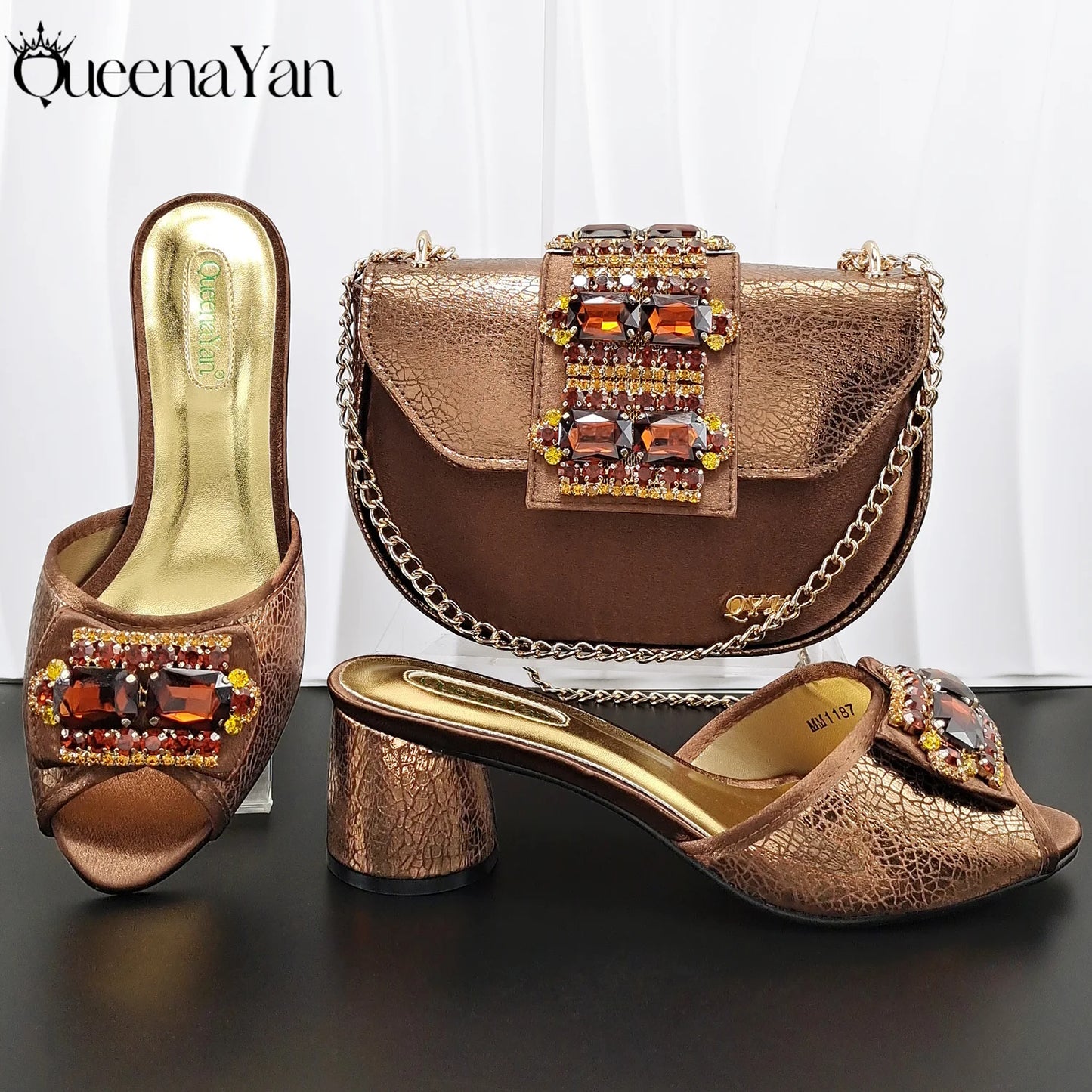 Hot Selling Fashion Mature  Brushed Style Rainbow Color Rhinestone Decoration Design Party Wedding Lady High Heels and Bag Set
