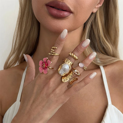 8Pcs/Set Vintage Pink Metal Flower Ring Set for Women Punk Elegant Baroque Pearl Knuckle Joint Ring Party Daily Wear Jewelry