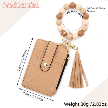 2025 Silicone bead pu leather key chain wristlet id credit card holder keychain wallet for women with bangle bracelet