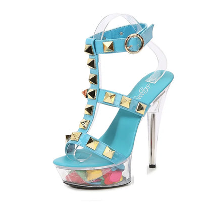 Women's Platform Sandals Rivet Pull Sandals Transparent High Heel 13CM Slim Heel Summer Waterproof Table LFD-1099-36