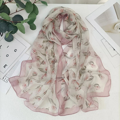 Magnolia Flower Print Women Elegant Chiffon Georgette Bandana Scarf Summer Beach Sunscreen Thin Hijab Headband Shawl