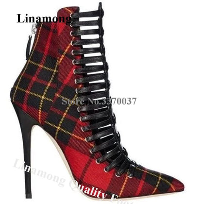 Red Plaid Short Boots Linamong Pointed Toe Cut-out Checkered Stiletto Heel Lace-up Ankle Booties Sexy Slim Dress Heels