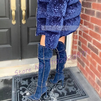Sparkling Studded Thigh High Boots Women Sexy Metal Rivets Pointy High Heels Suede Leather Shoes Ladies Winter Fashion Boots
