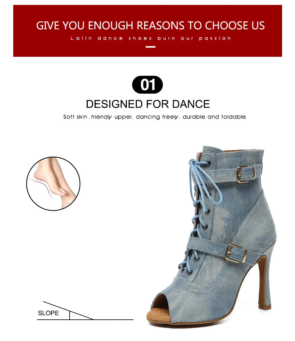 SWDZM New Ladies Dance Shoes Ballroom Dance Boots Denim Jazz Dance Shoes Girls Sexy Pole Dance Ballroom Dance Cowboy Boots