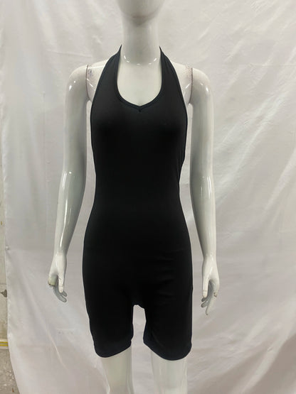 2026 New Arrival Women Black Halter Neck Romper, Deep V Neck Backless Short Jumpsuit, Y2K Sexy Bodycon Playsuit for Club Party