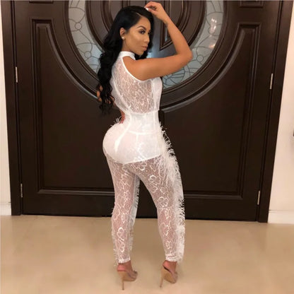 Sexy Lace Skinny Jumpsuit Women Fashion Sleeveless Hollow White Black Slim Jumpsuits 2025 Club Party Jumpsuit Female
