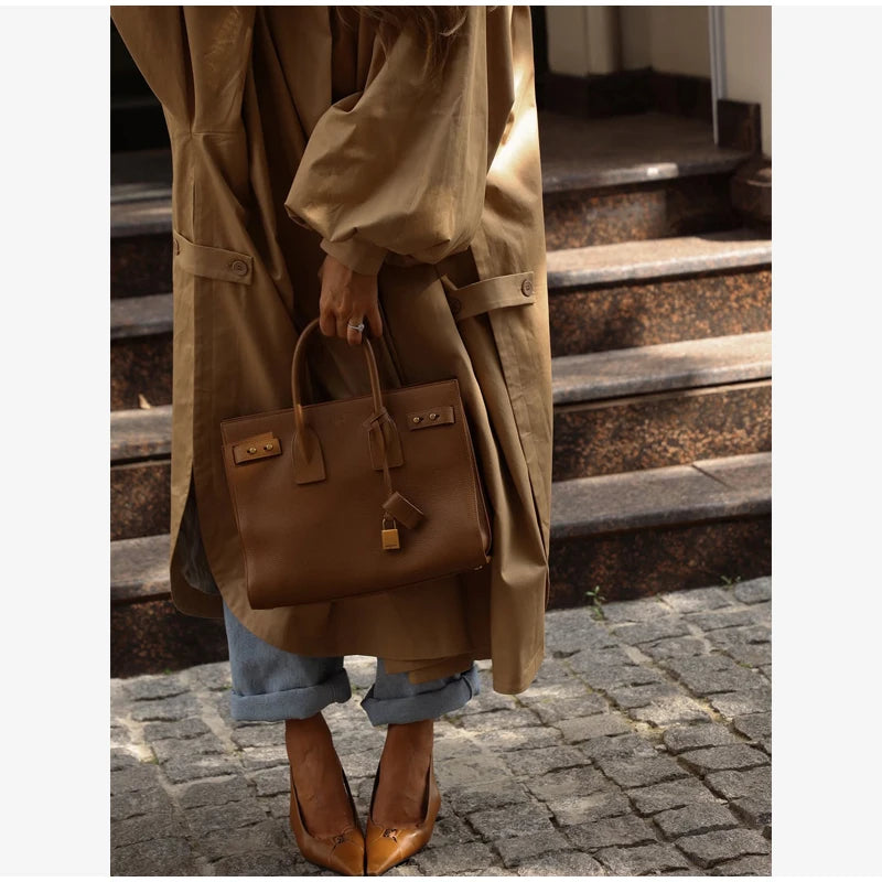 Women's Brown Stand Up Collar Long Long Trench Coat  Lantern Sleeve Side Slit Loose Windbreaker 2026 Spring Autumn Fashion Coat