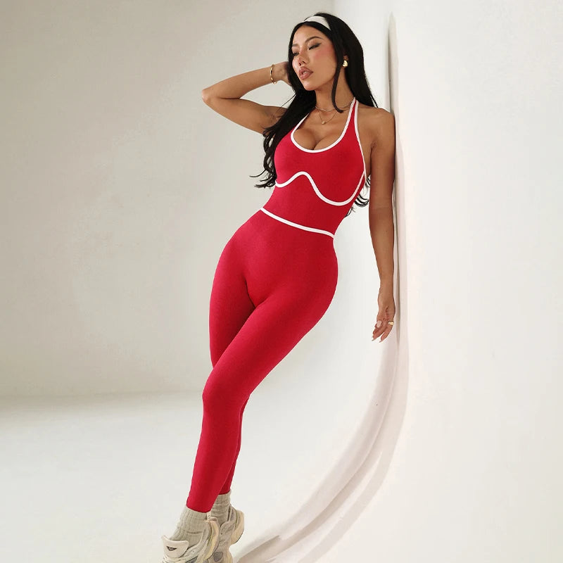 European Style Line Block Bodysuit Women One Piece Yoga Set Seamless Fitness Set Long Pants Gym Workout Fashion Sports Bodysuit