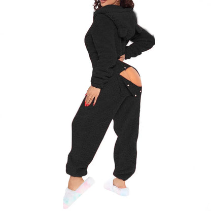2025 New Sexy Onesies for Women Plush Hooded Bum Open Ass Flap Jumpsuit Thicken Pajamas Solid Long-Sleeve Zipper Sleepwear