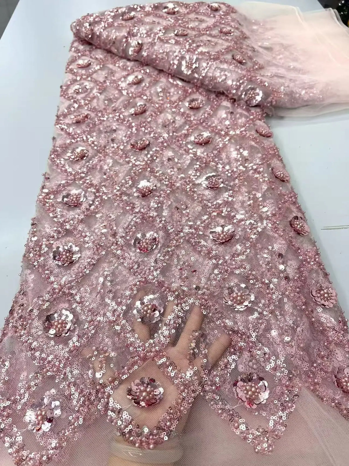 Luxury African Beaded Sequins Pearl Lace French Tulle Fabric 2026 High Quality Nigerian Design for Party Dress Sewing 2026