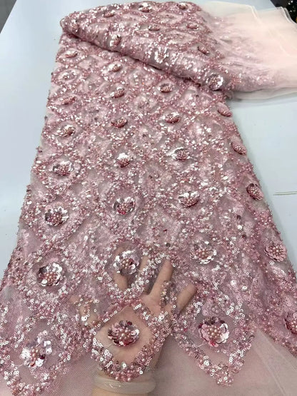 Luxury African Beaded Sequins Pearl Lace French Tulle Fabric 2026 High Quality Nigerian Design for Party Dress Sewing 2026