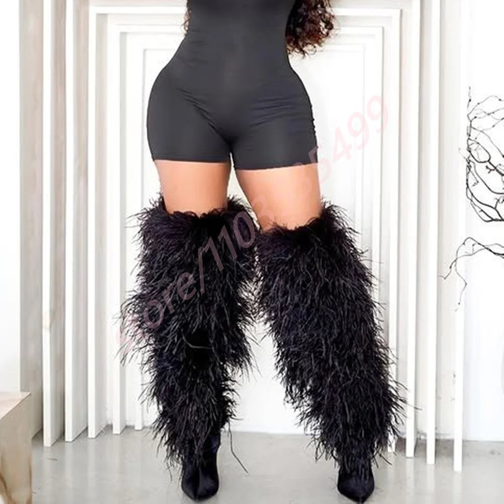 2025 Winter Black Sexy Ladies Catwalk Fur Boots Fashion Street Model Soft Fur Knee-High Stage Boots Pointed Warm Stiletto Boots