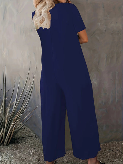 Plus Size 0XL-5XL Summer Rompers Overalls Women's Solid Color Jumpsuit with Pockets Casual Fashion Short Sleeve Jumpsuits