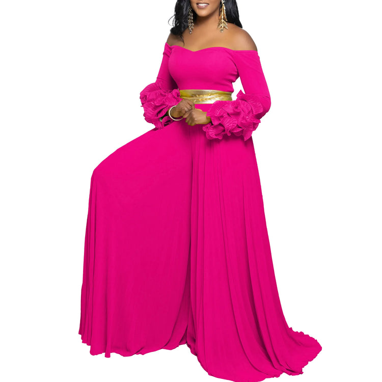 CM.YAYA Women Long Ruffles Sleeve Pleated Slash Neck Wide Leg Long Jumpsuits Party Beach Belt Street Sexy Africa Outfit Rompers