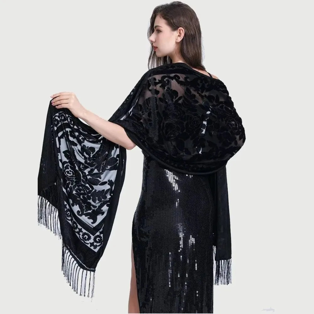 Ethnic Style Chinese Dress Shawl Elegant Design Versatile Use Long Fringed Scarf Warm Material Fringed Edge Velvet Scarf