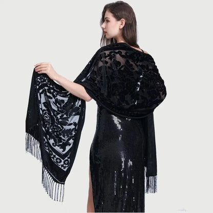 Ethnic Style Chinese Dress Shawl Elegant Design Versatile Use Long Fringed Scarf Warm Material Fringed Edge Velvet Scarf
