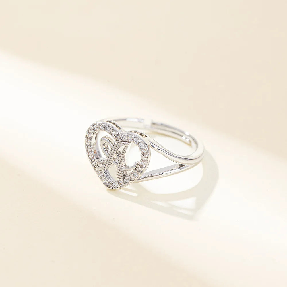 White Zircon 26 Letters A-Z Love Heart Open Adjustable Rings For Women Gold Silver Color Wedding Band Jewelry Mother's Day Gifts