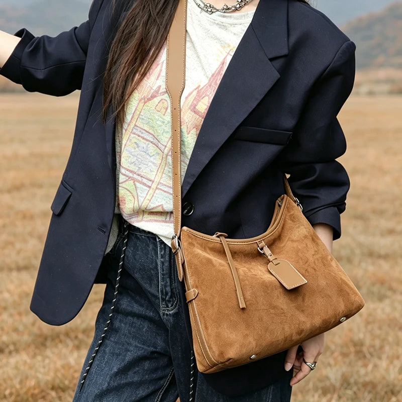 Winter Women's Natural Suede Leather Classic Underarm Bag Female Soft Cowhide Durable Handbags Ladies Luxury Designer Bags