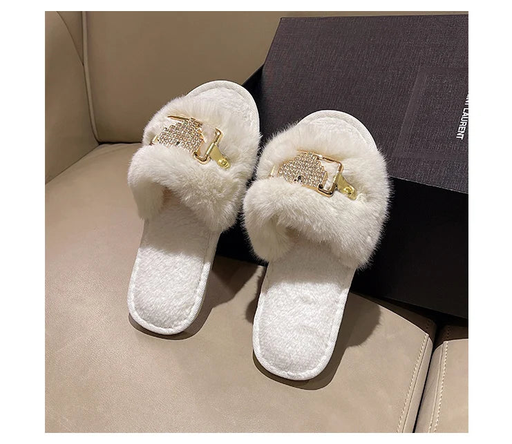 Love Chain Fluffy Women's Slippers Home Fashion Luxury Designer Shoes Woman Autumn Winter Faux Fuzzy Fur Slides Indoor Elegant