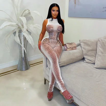 FAGADOER Fashion Scale Printing Patchwork Bodycon Jumpsuits Woman See Through Sleeveless Rompers Female Streetwear Overalls New