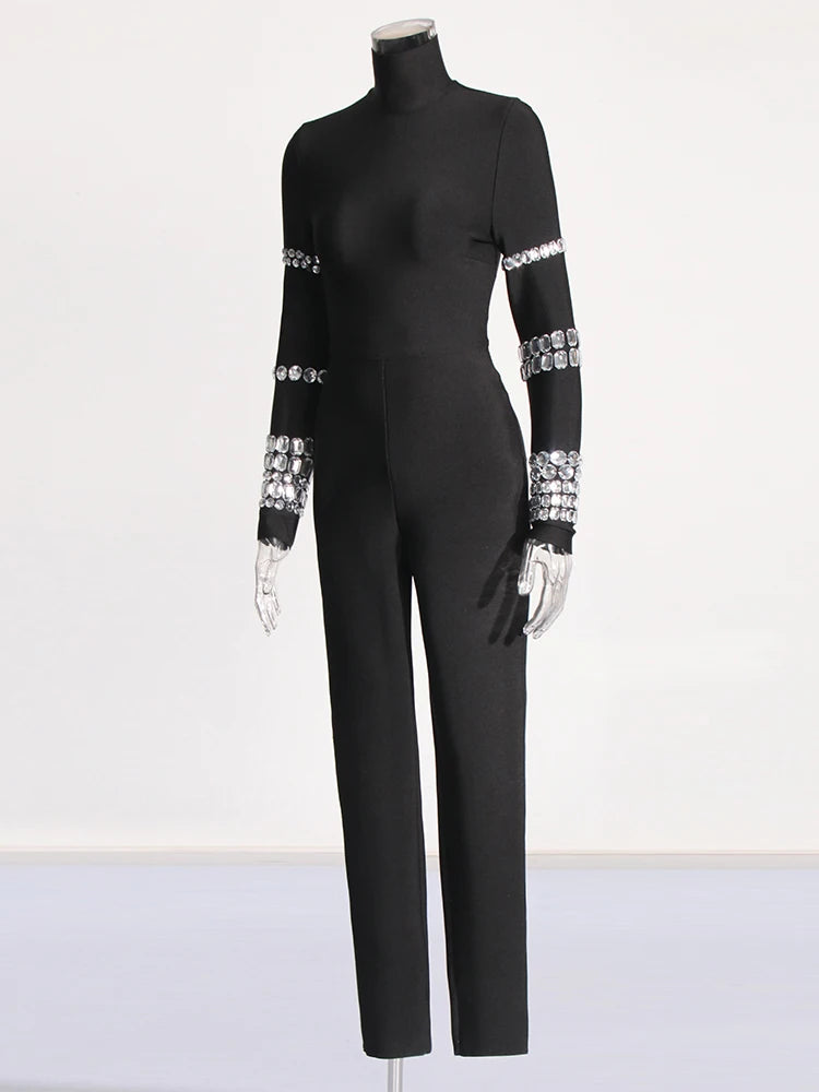 TWOTWINSTYLE Patchwork Diamonds Slimming Jumpsuit For Women Turtleneck Long Sleeve High Waist Chic Jumpsuits Female Fashion New