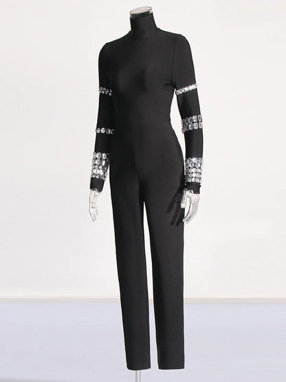 TWOTWINSTYLE Patchwork Diamonds Slimming Jumpsuit For Women Turtleneck Long Sleeve High Waist Chic Jumpsuits Female Fashion New