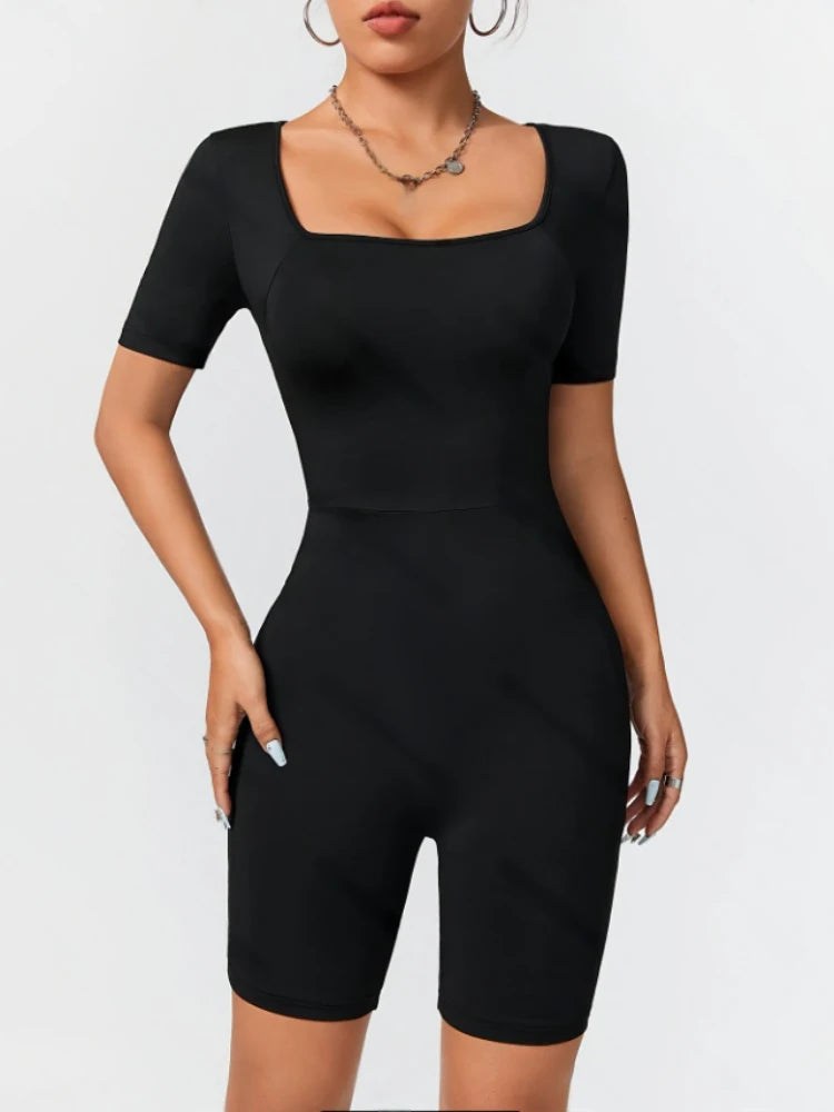 Women's Jumpsuit Suitable For All Seasons Slim Fit Simple Knit High Elasticity Square Neck Short Sleeved Top And Shorts Jumpsuit