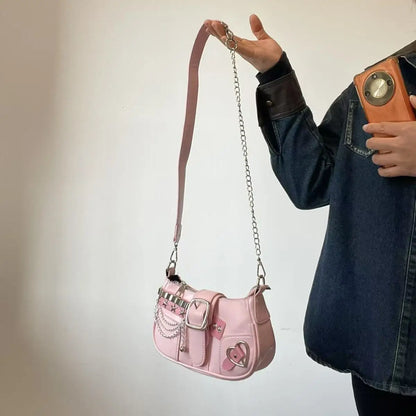 Fashion Hot Girls Square Shoulder Bags Retro Rivet Star Women's Underarm Bag Sweet Pu Leather Female Chain Handbags Pink Purse