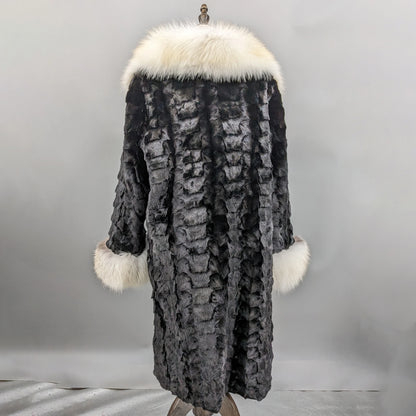long mink fur black coat with big furry fox fur collar and cuffs overcoat length 95 cm 241205