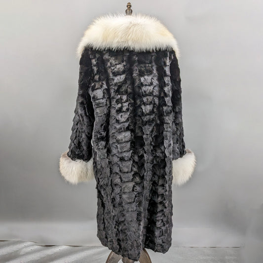 long mink fur black coat with big furry fox fur collar and cuffs overcoat length 95 cm 241205