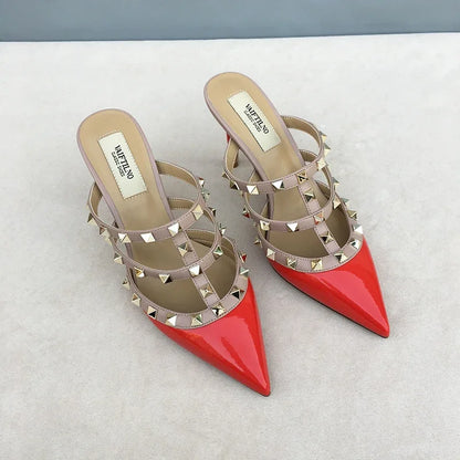 Women's sandals luxury Brand Shoes Woman 2025 trend Ankle Strap Summer Rivets High Heels Slippers Design Pointed Toe Sexy party