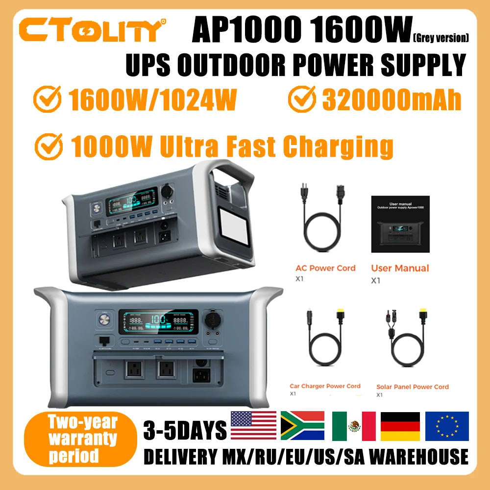 CTOLITY AP1000 1600W Portable Power Station 1024Wh Solar Generator LiFePO4 Battery Camping Travel Blackout Pure Sine Wave