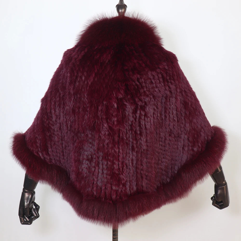 Women 100% Real Rabbit Fur Shawl Scarf With Fox Fur Collar Winter Warm Knitted Rabbit Fur Poncho Girls Party Fashion Accessories