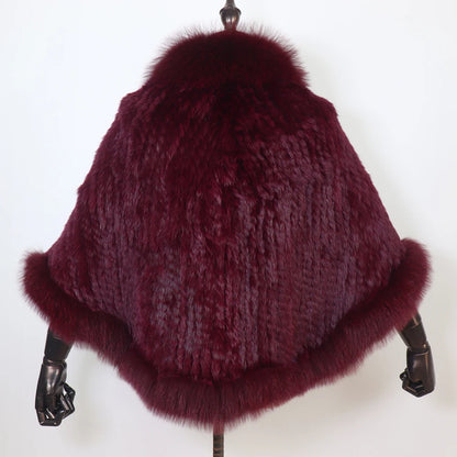 Women 100% Real Rabbit Fur Shawl Scarf With Fox Fur Collar Winter Warm Knitted Rabbit Fur Poncho Girls Party Fashion Accessories