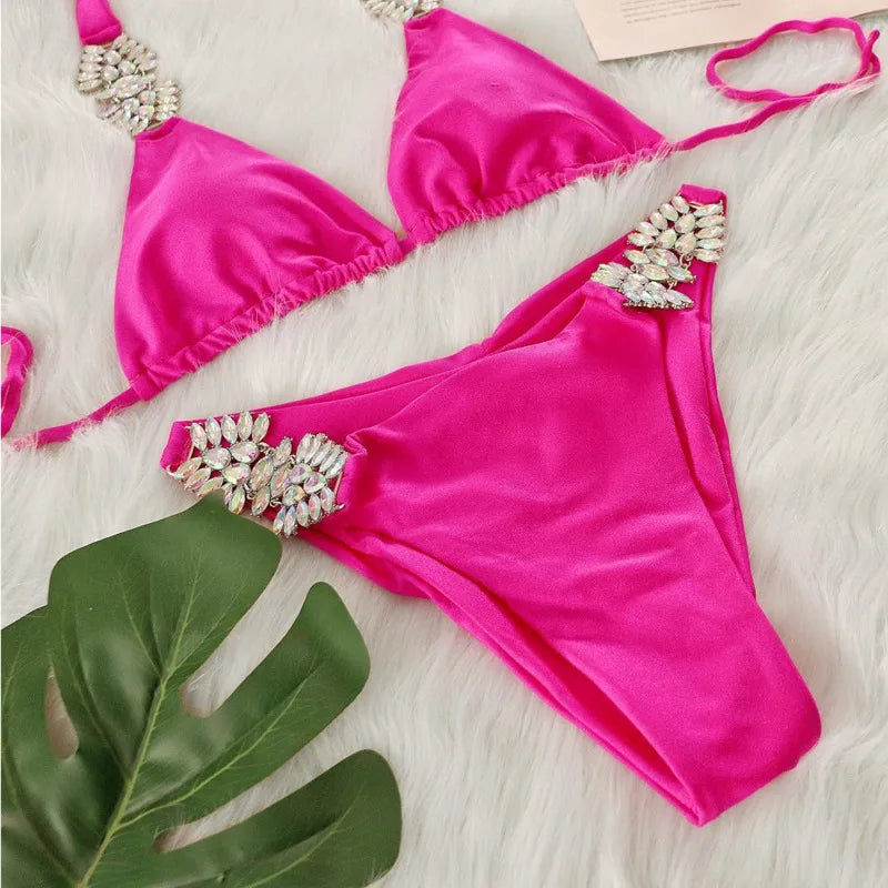 Shiny Sexy Bikinis Swimsuit With Rhinestones Women Swimwear Female Push Up Bikini Beach Swim Wear Bathing Suits Pool Bather 2026