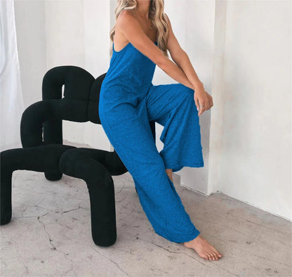 Plus Size Casual Sleeveless Jumpsuit Spaghetti Strap Loose Wide Leg Pocketed Beach Vacation Romper for Women